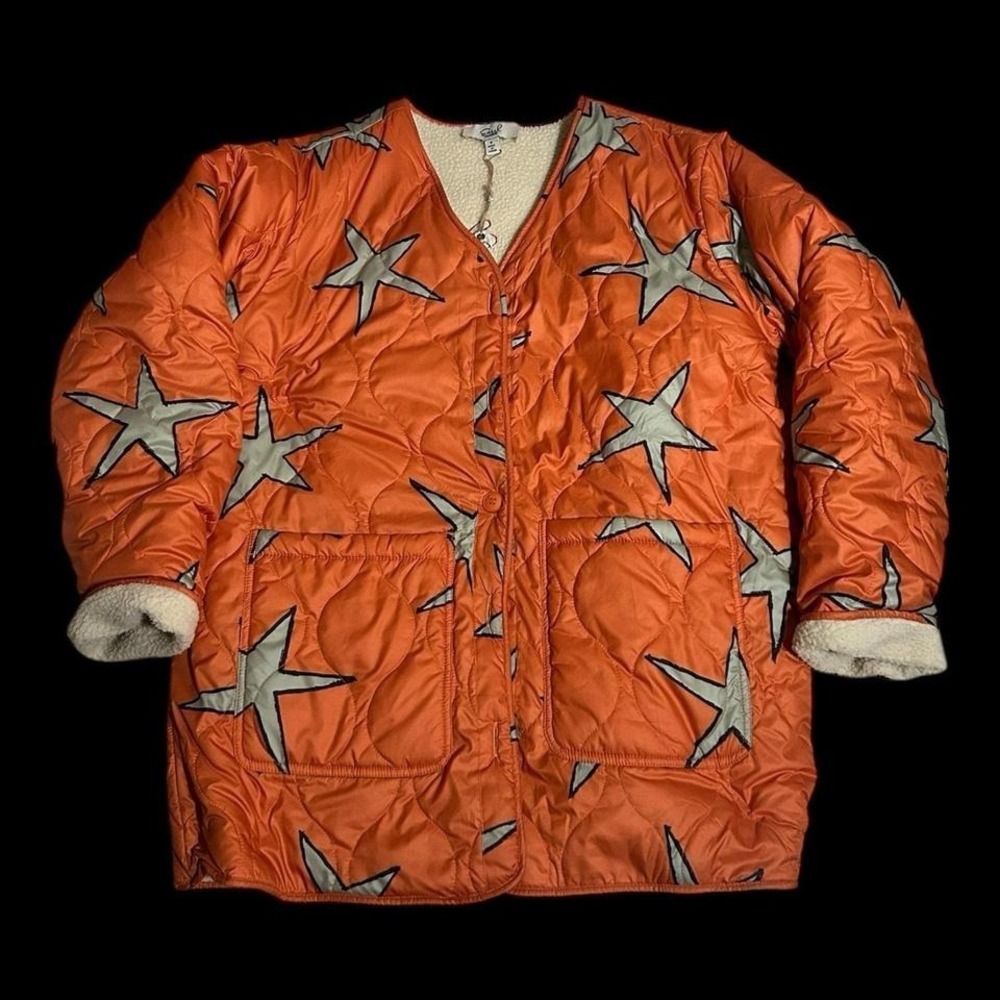 Easel Stars Reversible Orange Jacket Quilted Fleece Embroidered Dog Size Small